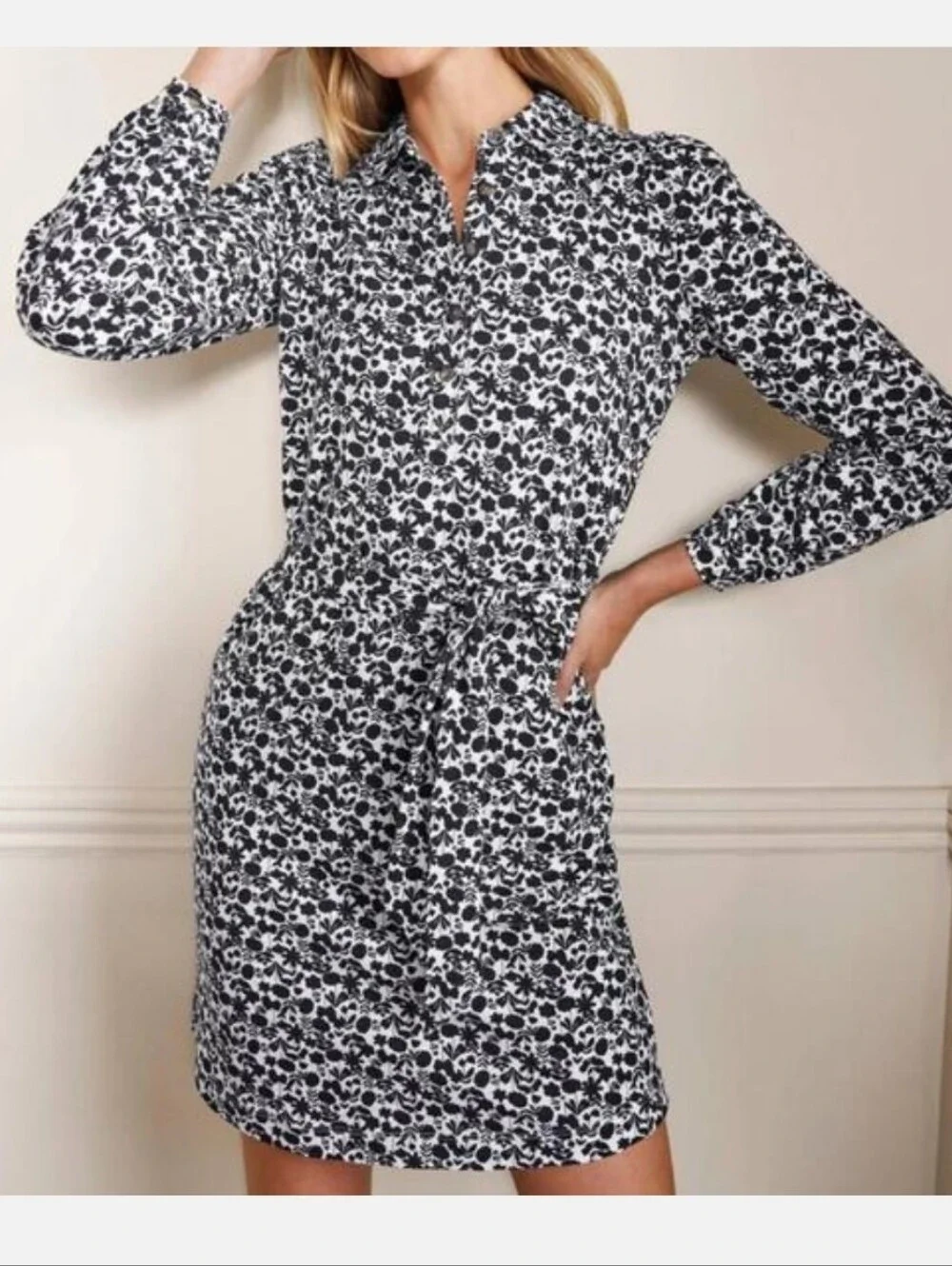 Boden 100% Cotton Black And White Floral Belted Shirtdress Size 16/18